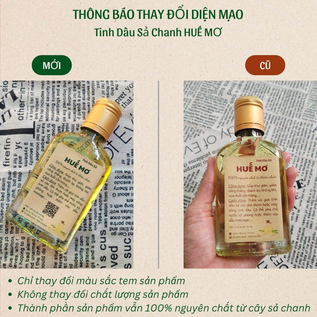 Tinh Dầu Sả Chanh nguyên chất HUẾ MƠ - giúp thơm phòng, thư giãn, đuổi muỗi, giải cảm - 70ml