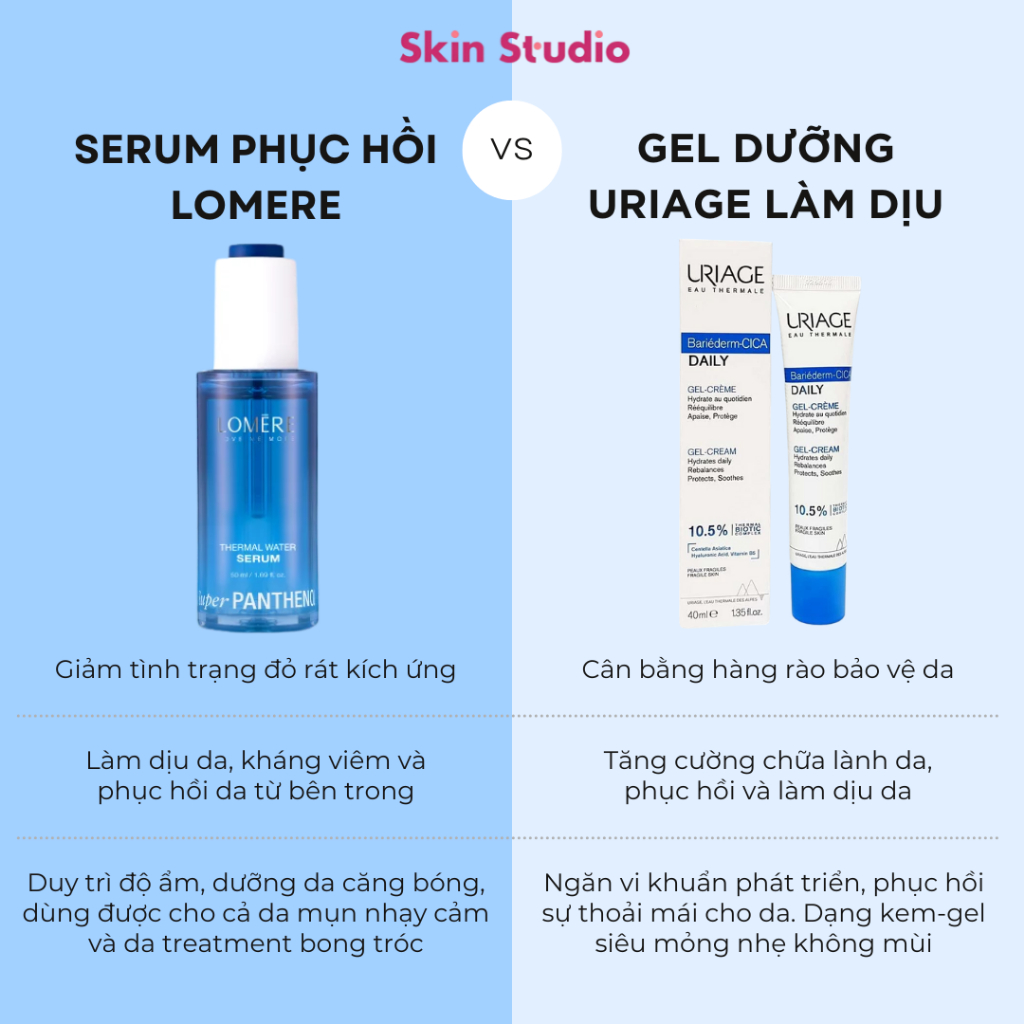 Bộ đôi Phục hồi, cấp ẩm & giảm mụn Serum LOMERE & Gel dưỡng URIAGE cho da nhạy cảm, mụn, bong tróc