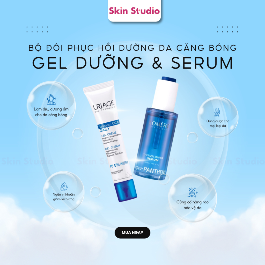 Bộ đôi Phục hồi, cấp ẩm & giảm mụn Serum LOMERE & Gel dưỡng URIAGE cho da nhạy cảm, mụn, bong tróc