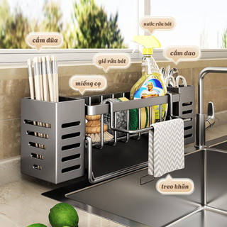 Kệ Để Đồ Rửa Chén Bát Đa Năng Kèm Ống Cắm Đũa Chất Liệu Inox Chống Gỉ, Có Khay Thoát Nước Tiện Lợi