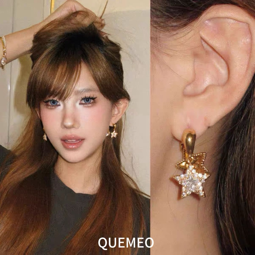 Bông Tai Nữ Đá Đính Sao 2 Lớp Đá Ziconia Cao Cấp Kẹp Tai Vàng QUEMEO