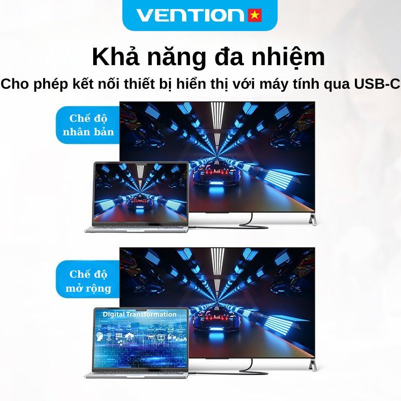Cáp USB-C Sang DisplayPort Vention - Chất Lượng Hình Ảnh 4K 60Hz, 2K 144Hz, Có Audio, Vỏ ABS Bền Dùng Cho Laptop Tivi