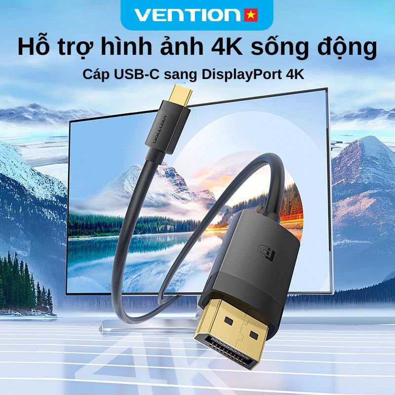 Cáp USB-C Sang DisplayPort Vention - Chất Lượng Hình Ảnh 4K 60Hz, 2K 144Hz, Có Audio, Vỏ ABS Bền Dùng Cho Laptop Tivi