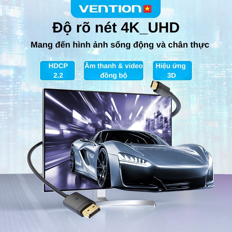 Cáp USB-C Sang DisplayPort Vention - Chất Lượng Hình Ảnh 4K 60Hz, 2K 144Hz, Có Audio, Vỏ ABS Bền Dùng Cho Laptop Tivi