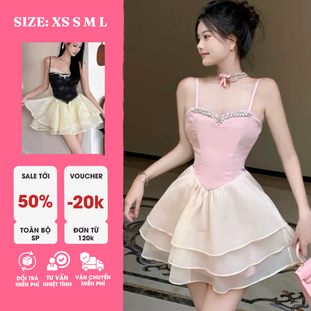 Đầm Xòe 3 Tầng Ngắn – Phối Gấm Kết Đá Ngực Lấp Lánh, Sang Trọng, Nữ Tính