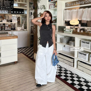 𝐒𝐡𝐚𝐝𝐨𝐰𝐥𝐢𝐧𝐞 𝐓𝐨𝐩 - Áo kiểu nữ cổ sơ mi - áo tanktop thiết kế phối đính nút đá nhien.official NAS00030