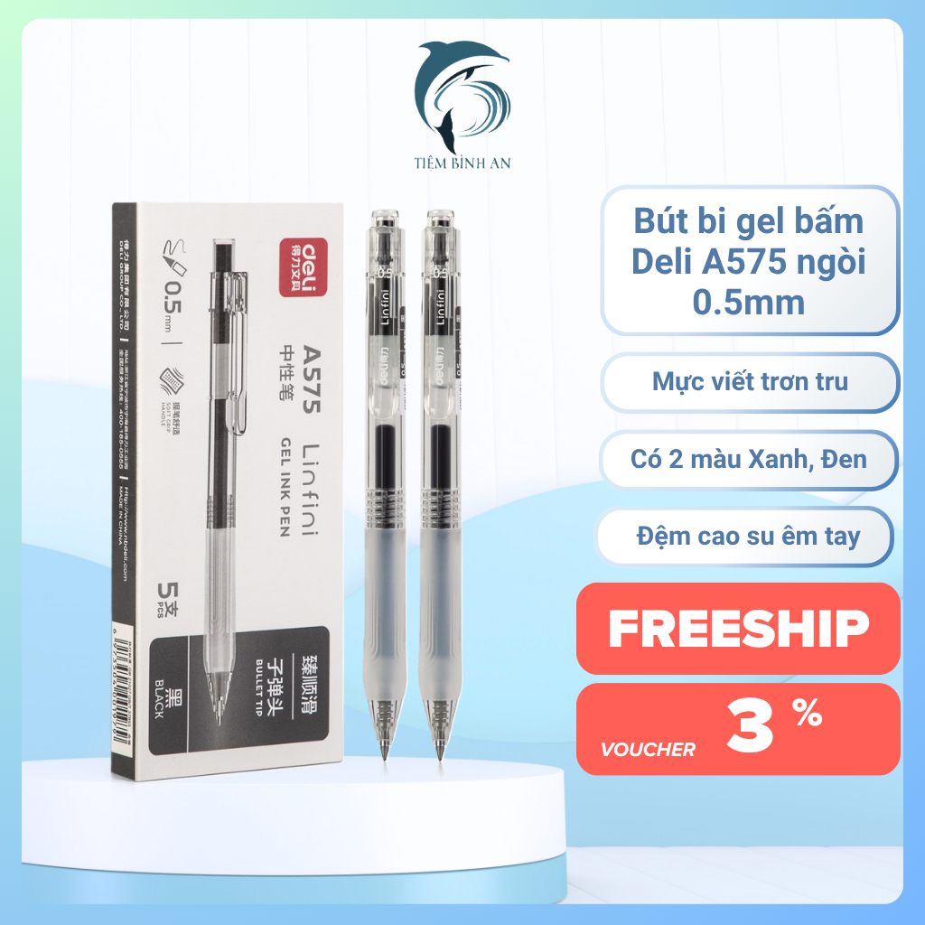 [Combo 5 Bút] Bút Bi Gel Bấm, Bút Gel Bấm Deli A575 Mực Đen, Xanh ...