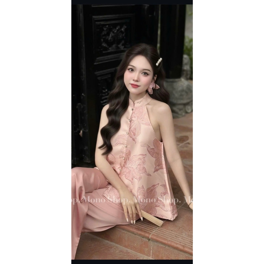 set áo yếm dáng suông & quần lụa cao cấp _set đồ nữ thiết kế hở vai cách điệu chất gấm lót tơ cao cấp chuẩn from