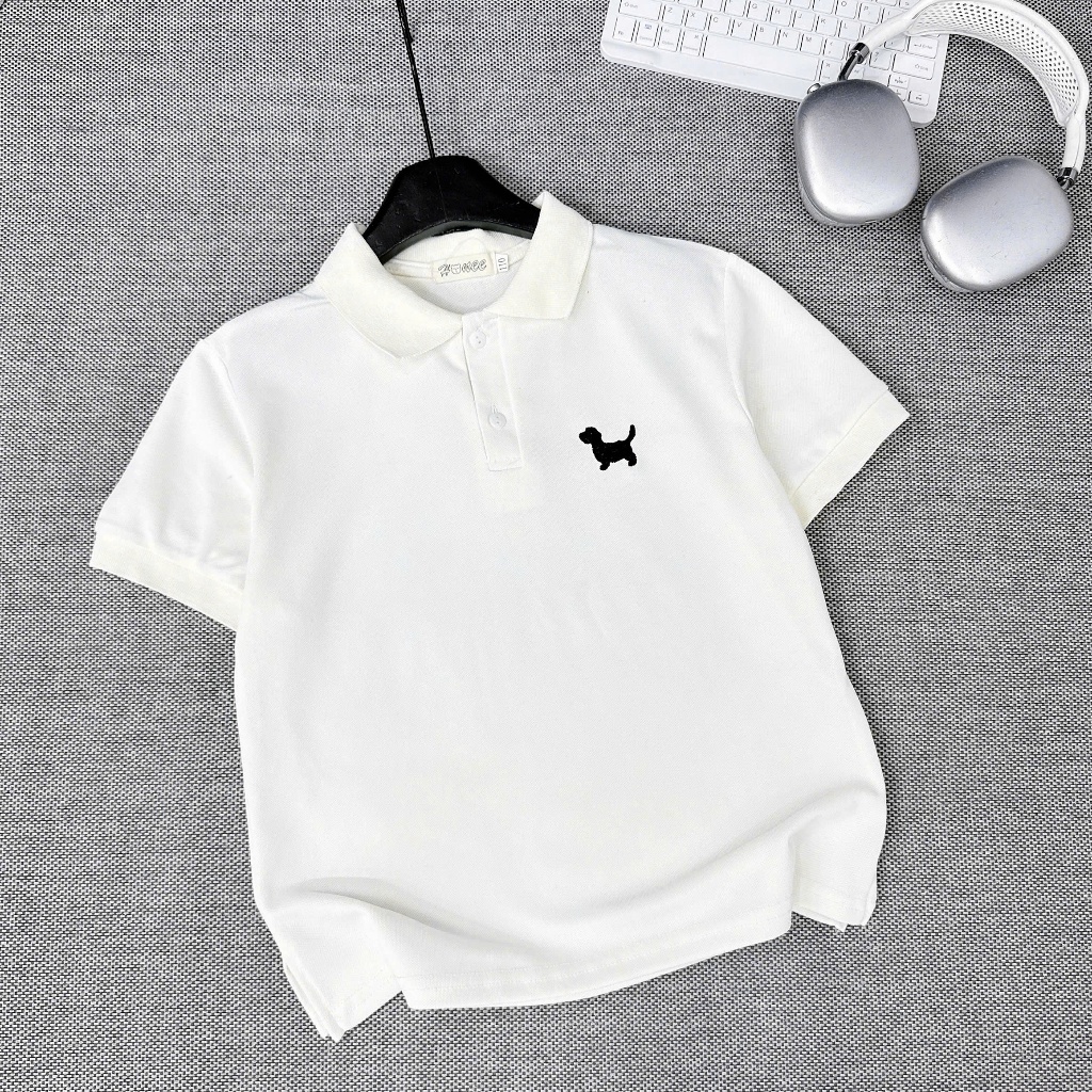 Áo Polo cộc tay cho bé trai, chất cotton cá sấu thêu hình CÚN YÊU, size từ 20-65kg