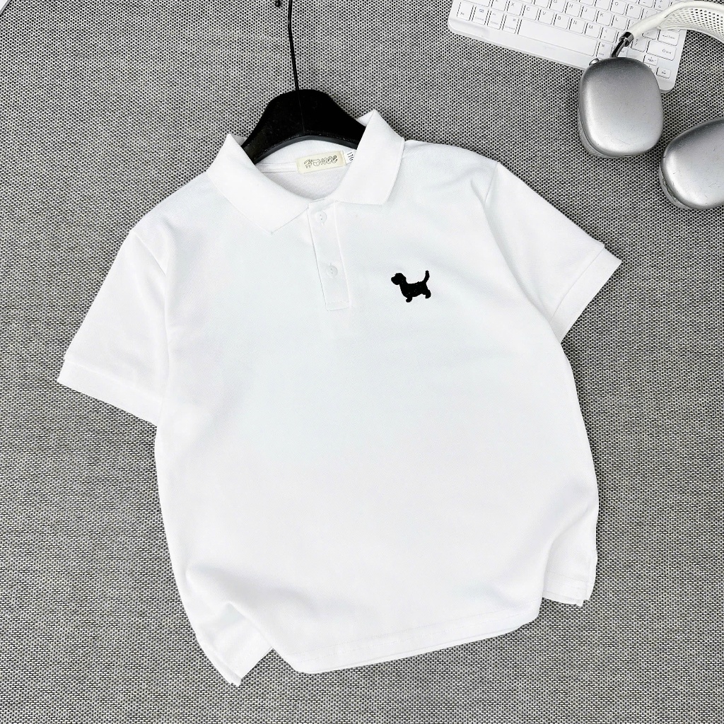 Áo Polo cộc tay cho bé trai, chất cotton cá sấu thêu hình CÚN YÊU, size từ 20-65kg