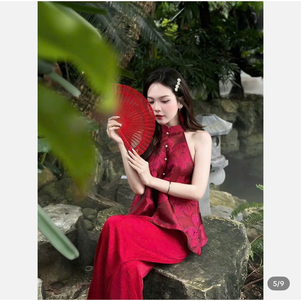 set áo yếm dáng suông & quần lụa cao cấp _set đồ nữ thiết kế hở vai cách điệu chất gấm lót tơ cao cấp chuẩn from