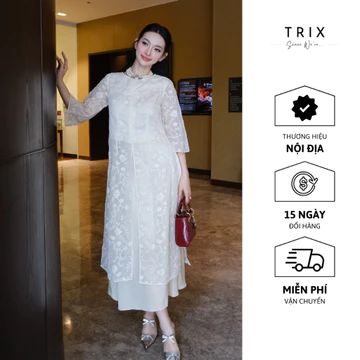 Áo Dài Ren Bigsize Tứ Thân Thêu Hoa Màu Be Sáng Xẻ Form Đứng Designed by Trix