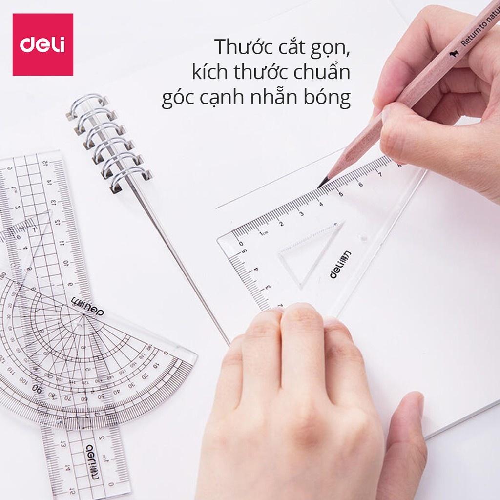 Bộ thước kẻ 4 món học sinh trong suốt dẻo chống gãy, dụng cụ vẽ hình môn Toán tiểu học