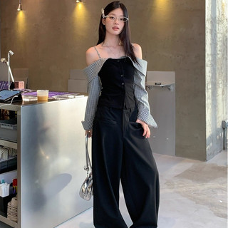 áo trễ vai nữ hàn quốc áo tay dài đen mùa thu set đồ nữ quần dài local brand eleclassm