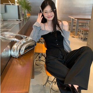 áo trễ vai nữ hàn quốc áo tay dài đen mùa thu set đồ nữ quần dài local brand eleclassm