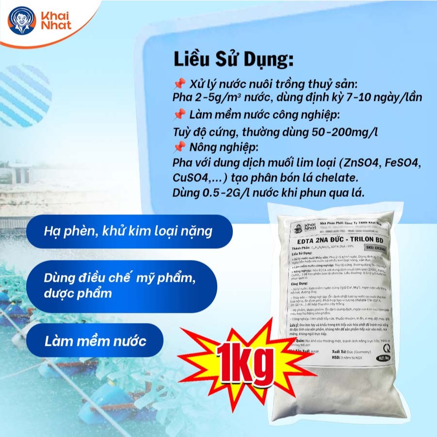 EDTA 2Na Đức - EDTA 2 muối 99% - Hạ phèn, làm mềm nước, khử độc ao nuôi thủy sản (1kg/gói)