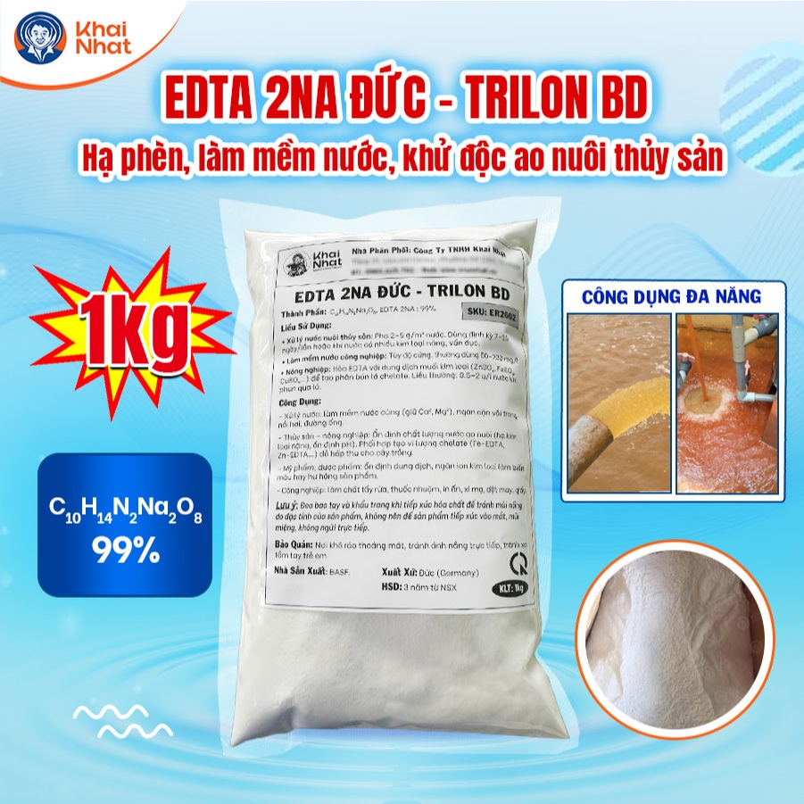 EDTA 2Na Đức - EDTA 2 muối 99% - Hạ phèn, làm mềm nước, khử độc ao nuôi thủy sản (1kg/gói)