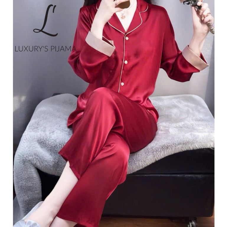 Đồ bộ LUXURY PIJAMA lụa latin cao cấp, mềm mịn sang trọng tay dài màu đỏ trơn TD060