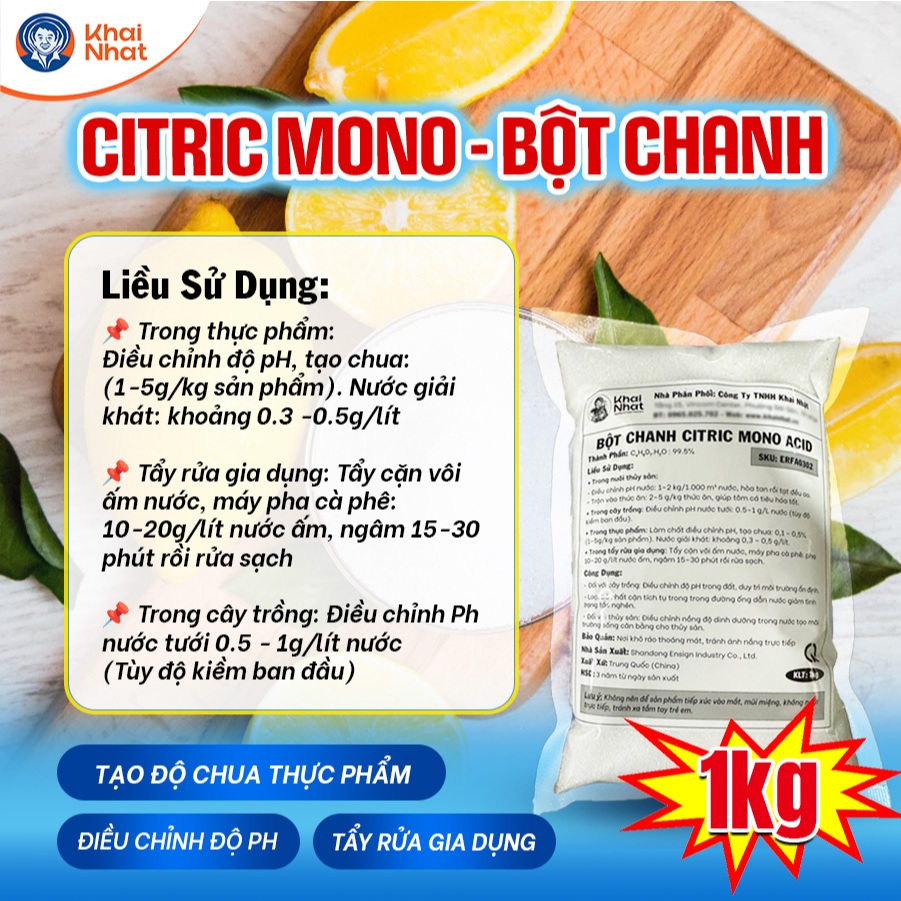 Bột chanh Acid Citric (C6H8O7.H2O>99%) - Bột tạo chua, Chất điều chỉnh PH (1kg/gói)