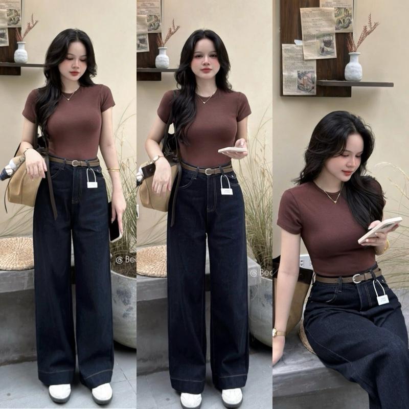 Quần Jean Nữ Ống Suông Nắp Túi Đai Nâu CHEZI HOUSE, Quần Bò Indigo Xanh Than Cạp Cao Hack Dáng Dài 97cm #8180