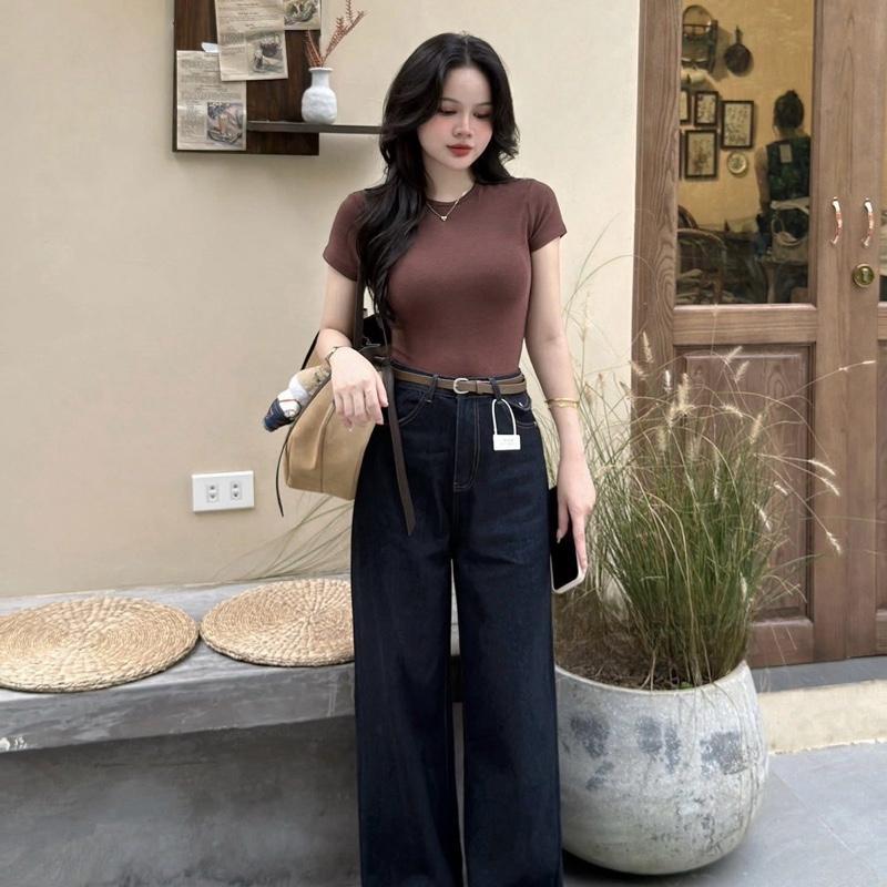 Quần Jean Nữ Ống Suông Nắp Túi Đai Nâu CHEZI HOUSE, Quần Bò Indigo Xanh Than Cạp Cao Hack Dáng Dài 97cm #8180