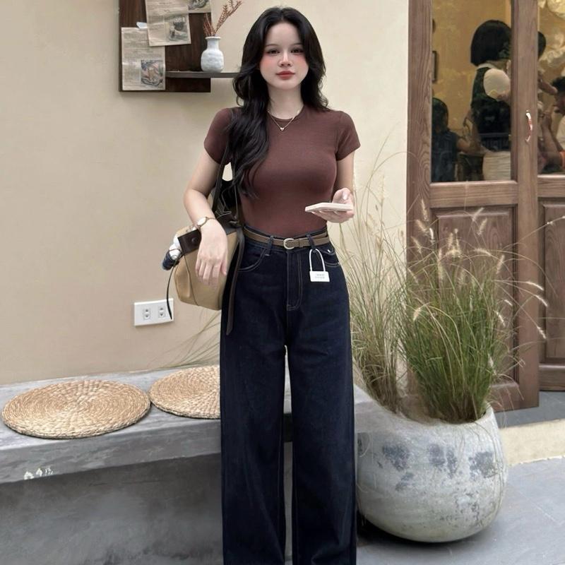 Quần Jean Nữ Ống Suông Nắp Túi Đai Nâu CHEZI HOUSE, Quần Bò Indigo Xanh Than Cạp Cao Hack Dáng Dài 97cm #8180