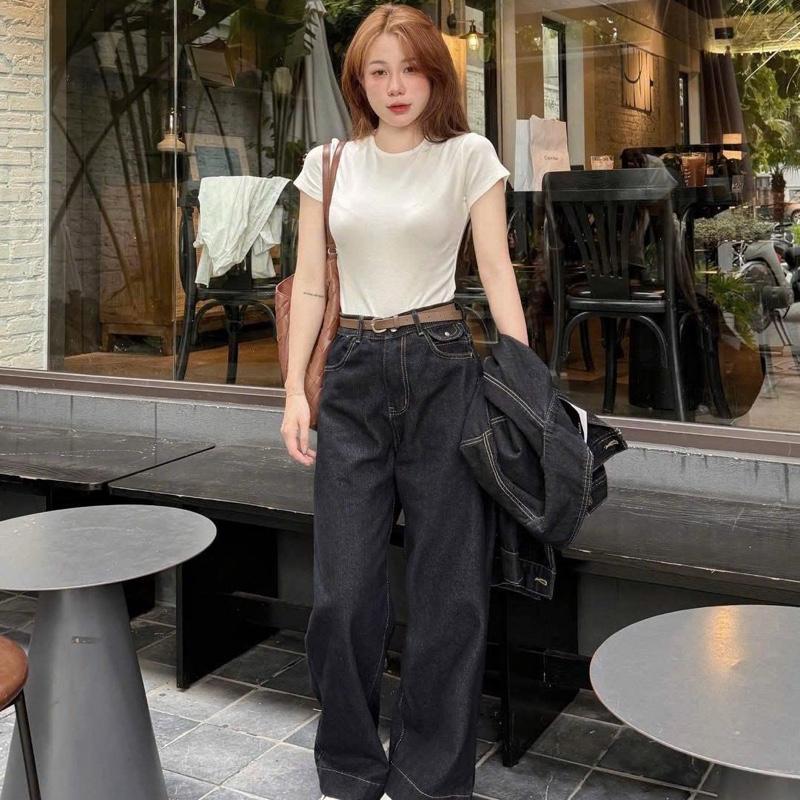 Quần Jean Nữ Ống Suông Nắp Túi Đai Nâu CHEZI HOUSE, Quần Bò Indigo Xanh Than Cạp Cao Hack Dáng Dài 97cm #8180