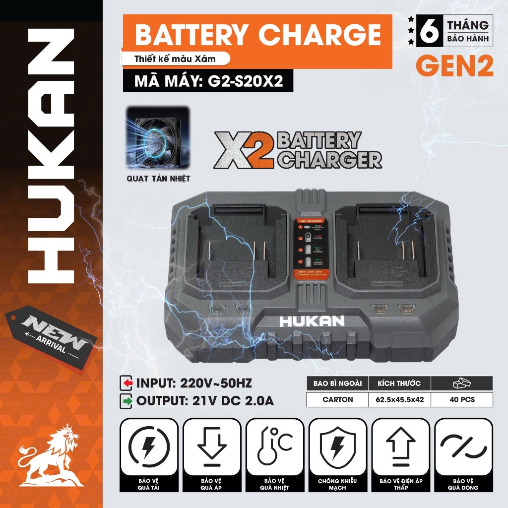 [NEW] Bộ Sạc Nhanh 2A HUKAN (Gen3) G3-HUK020A,G2-S20X2 | Sạc 21V Chuẩn Dòng 2.0A, Sạc Nhanh An Toàn, Dùng Cho Máy Khoan