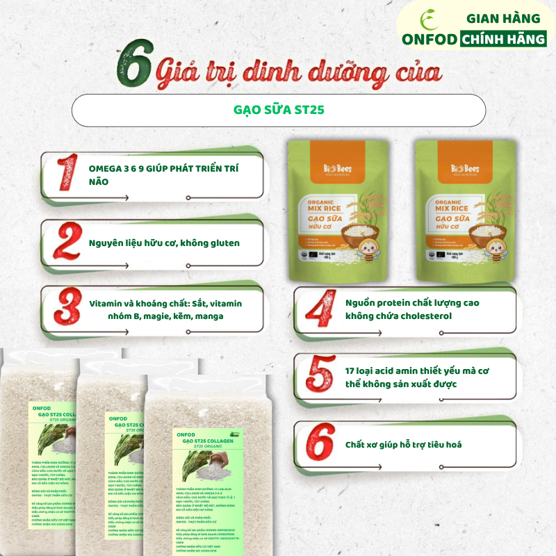 Gạo sữa ăn dặm cho bé ST25 Collagen hữu cơ ONFOD nấu cơm cháo ăn kiêng giảm cân cho người tiểu đường eat clean