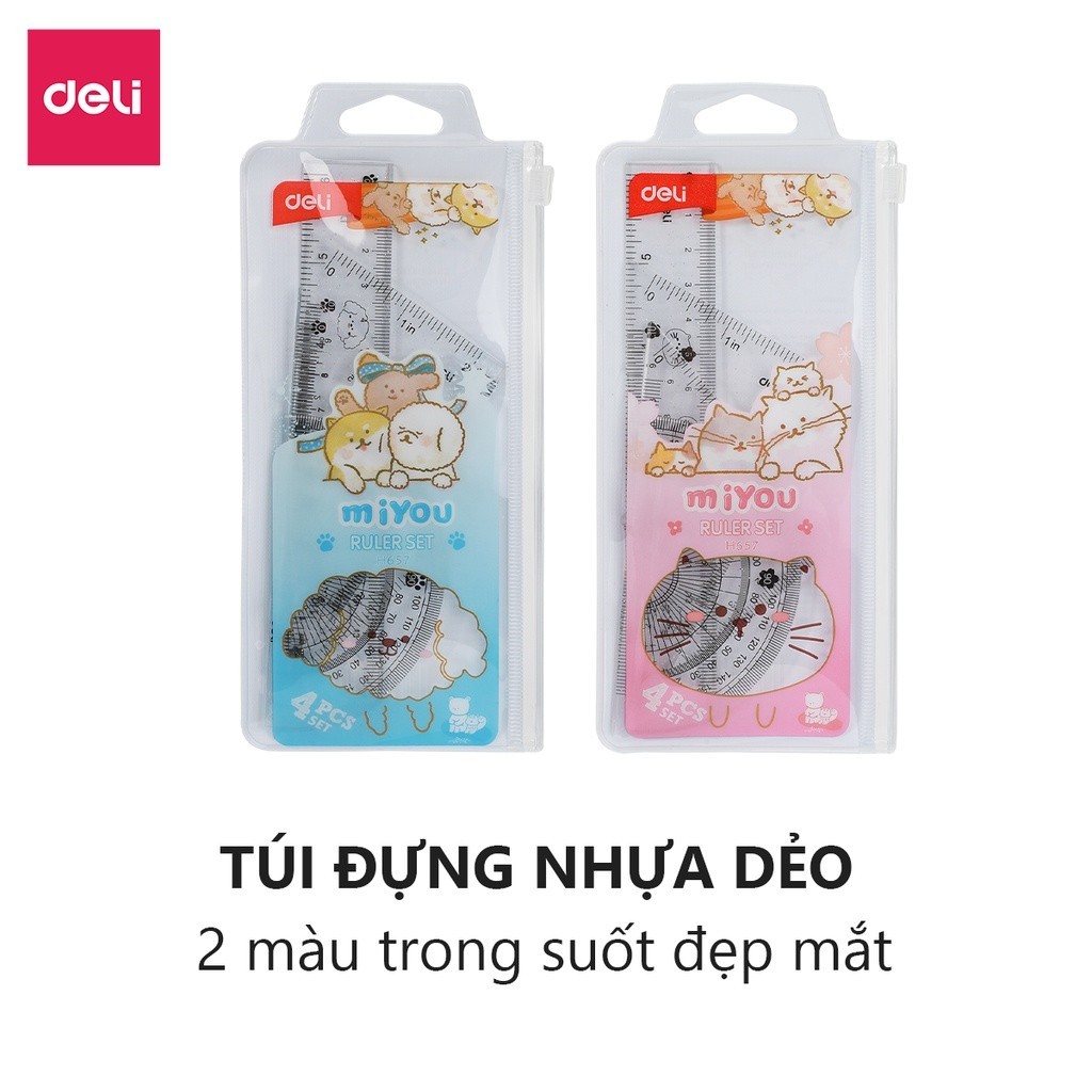 Bộ Thước Kẻ Eke 4 Món Cho Bé – Nhựa PVC Mềm, Dẻo Không Gãy, Rơi Không Vỡ, Thiết Kế Trong Suốt, An Toàn & Chính Xác