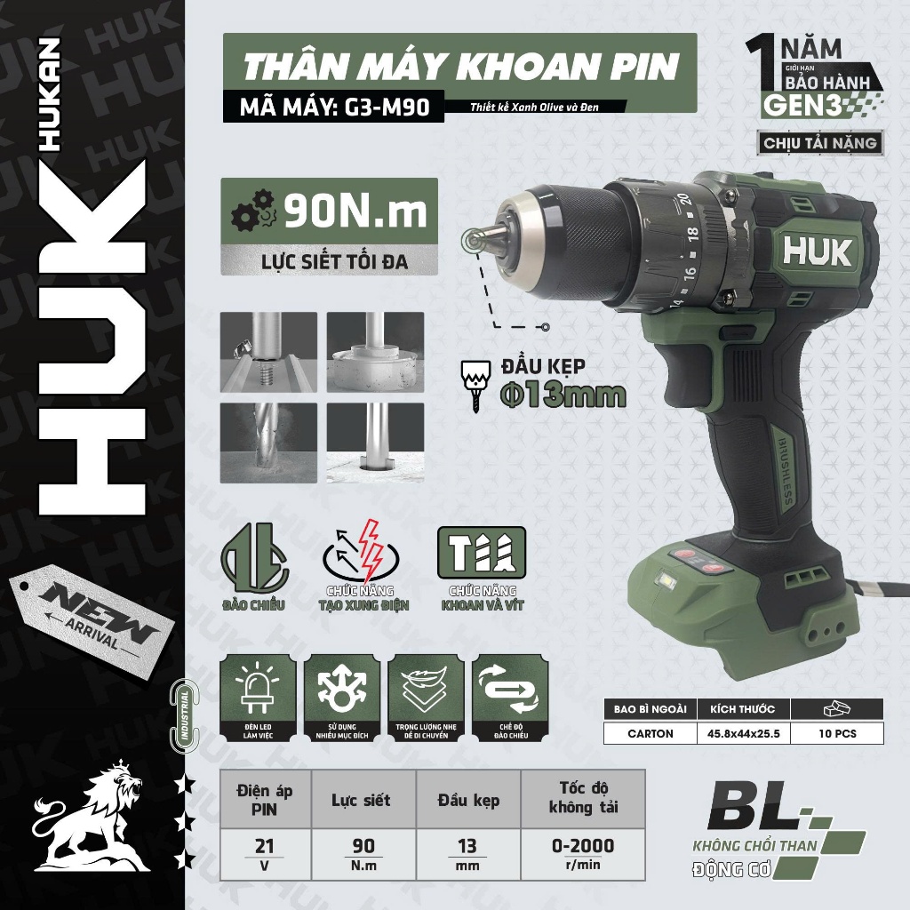 Thân Máy Khoan Pin 3 Chức Năng HUKAN G3-M90 | 13mm, Lực Siết 90N.m, Động Cơ Không Chổi Than, Tốc Độ 2000RPM