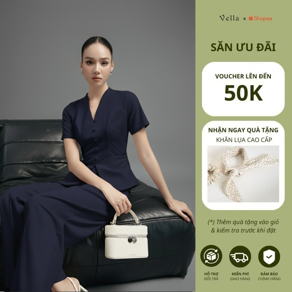 Set công sở nữ CELA áo peplum ngắn tay tôn dáng & quần culottes ống suông hack chân Vella VA25078