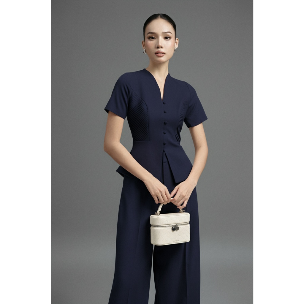 Set công sở nữ CELA áo peplum ngắn tay tôn dáng & quần culottes ống suông hack chân Vella VA25078