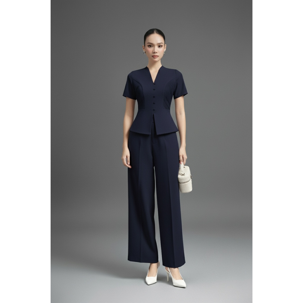 Set công sở nữ CELA áo peplum ngắn tay tôn dáng & quần culottes ống suông hack chân Vella VA25078