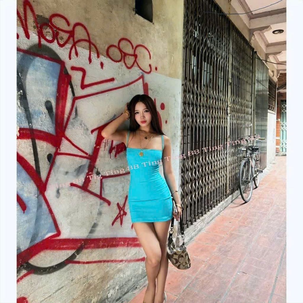 Váy body xanh dương hai dây thun gân( 2 lớp) quyến rũ – Váy xanh ngọc ôm sát gợi cảm