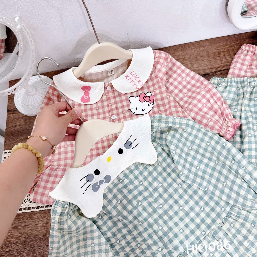 Sét Đồ Ngủ Đáng Yêu Cho Bé Gái 9-37kg Hình Kitty Kẻ Caro Chất Liệu Mềm Mịn Thoáng Mát