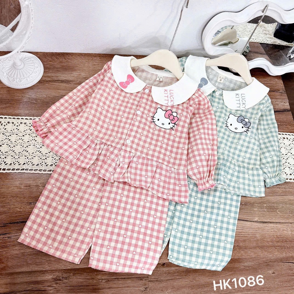 Sét Đồ Ngủ Đáng Yêu Cho Bé Gái 9-37kg Hình Kitty Kẻ Caro Chất Liệu Mềm Mịn Thoáng Mát
