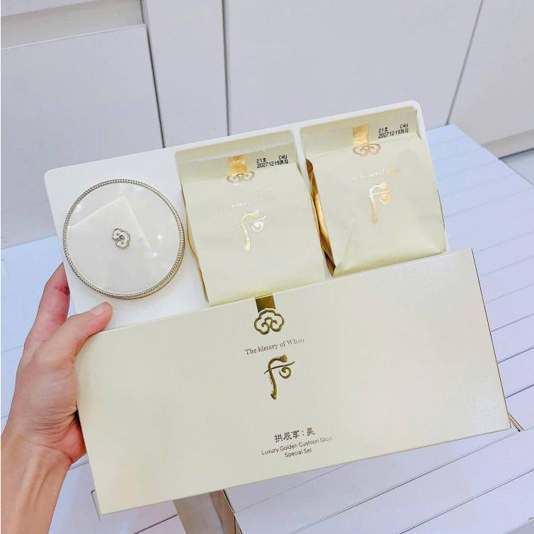 Set Phấn Nước Cushion Whoo Vàng Luxury Golden Cushion Glow tone 21 , 1 cushion+2 lõi