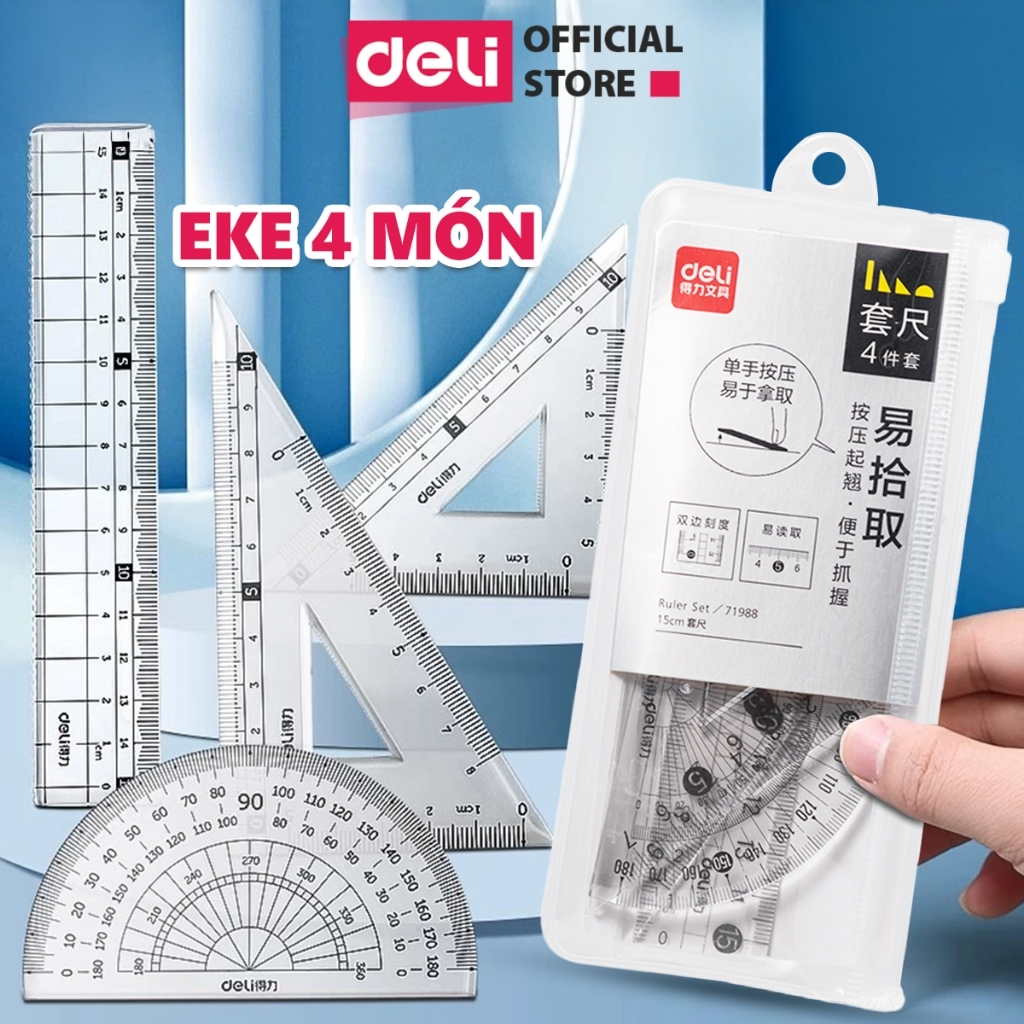 Bộ Thước Kẻ 4 Món Bền Chắc – Vạch Chia Rõ Nét, Có Đường Gợn Sóng, Bộ Dụng Cụ Vẽ & Đo Lường Cho Học Sinh
