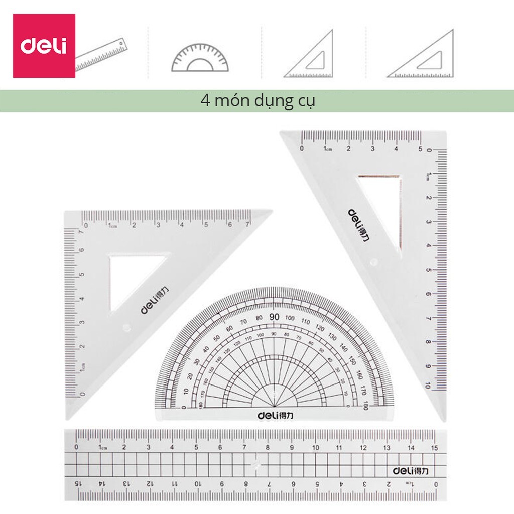 Bộ Thước Kẻ 4 Món Bền Chắc – Vạch Chia Rõ Nét, Có Đường Gợn Sóng, Bộ Dụng Cụ Vẽ & Đo Lường Cho Học Sinh
