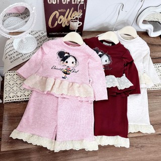Bộ ngủ dài tay thu đông cho bé gái chất nỉ_Bộ đồ cho bé dài tay thu đông in hình cô gái 10-30kg