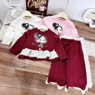Bộ ngủ dài tay thu đông cho bé gái chất nỉ_Bộ đồ cho bé dài tay thu đông in hình cô gái 10-30kg