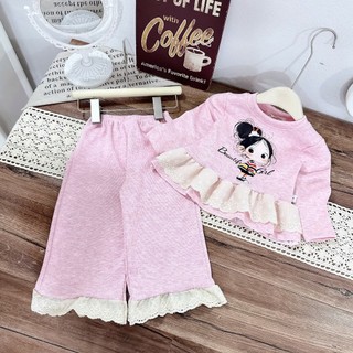 Bộ ngủ dài tay thu đông cho bé gái chất nỉ_Bộ đồ cho bé dài tay thu đông in hình cô gái 10-30kg