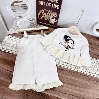 Bộ ngủ dài tay thu đông cho bé gái chất nỉ_Bộ đồ cho bé dài tay thu đông in hình cô gái 10-30kg