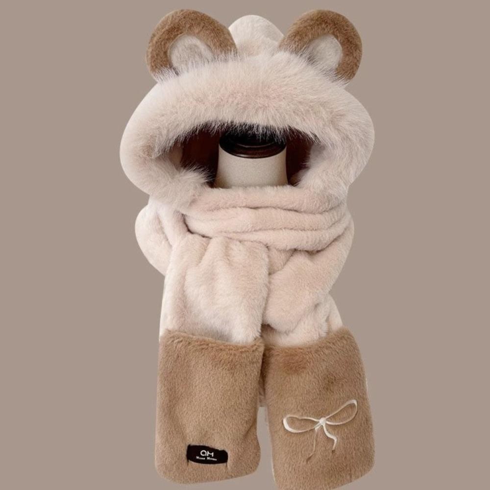 Mũ Tai Gấu Mũ Sang Trọng, Găng Tay Mũ Khăn Hoạt Hình Dễ Thương Cho Nữ, Thêu Ngọt Ngào Nơ Earmuff Thường Ngày