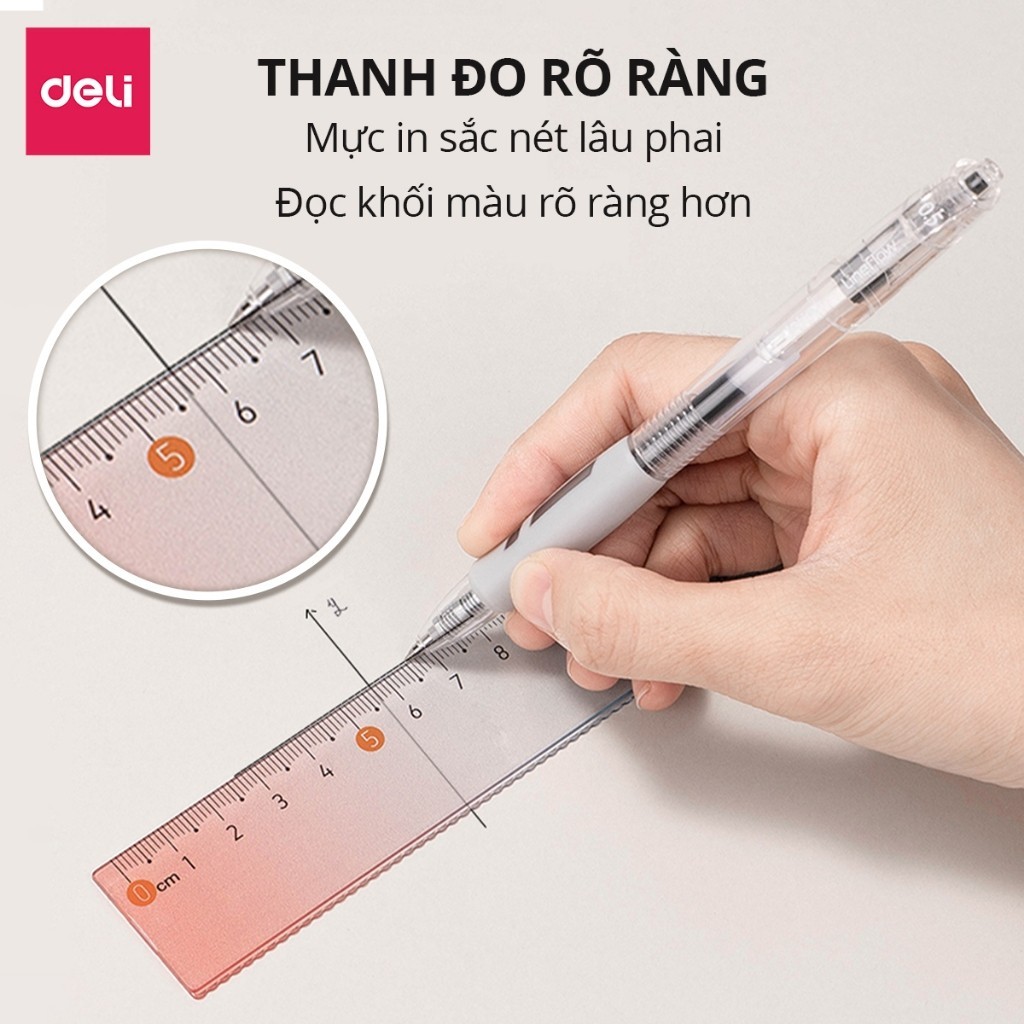 Thước Deli 15cm trong suốt, chống trầy, nhựa PS bền, có vạch sóng, dùng cho học sinh, văn phòng, thi cử, vạch chia rõ rà