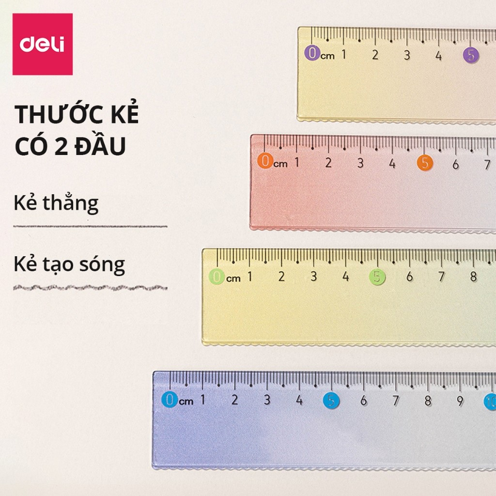 Thước Deli 15cm trong suốt, chống trầy, nhựa PS bền, có vạch sóng, dùng cho học sinh, văn phòng, thi cử, vạch chia rõ rà