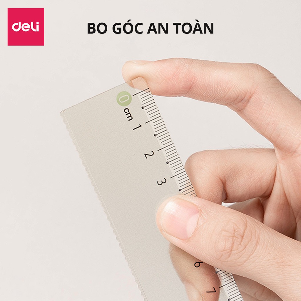 Thước Deli 15cm trong suốt, chống trầy, nhựa PS bền, có vạch sóng, dùng cho học sinh, văn phòng, thi cử, vạch chia rõ rà