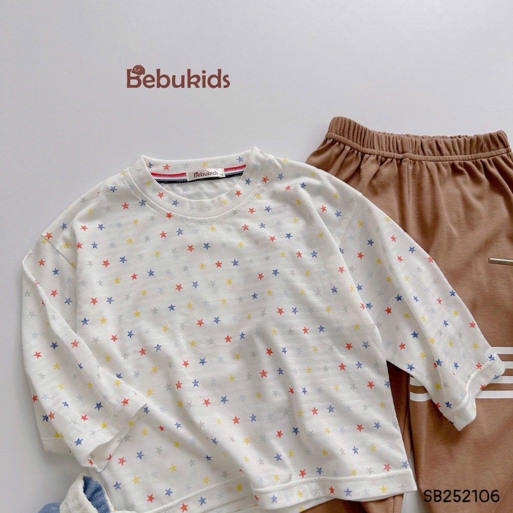 Bộ cotton dài tay in tràn ngôi sao Bebukids phối quần nắp túi cho bé 8-21kg