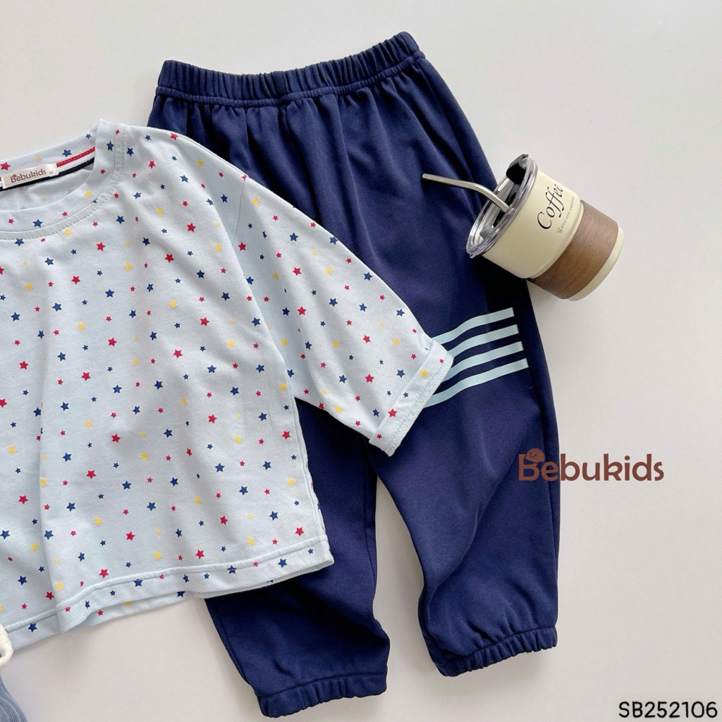 Bộ cotton dài tay in tràn ngôi sao Bebukids phối quần nắp túi cho bé 8-21kg